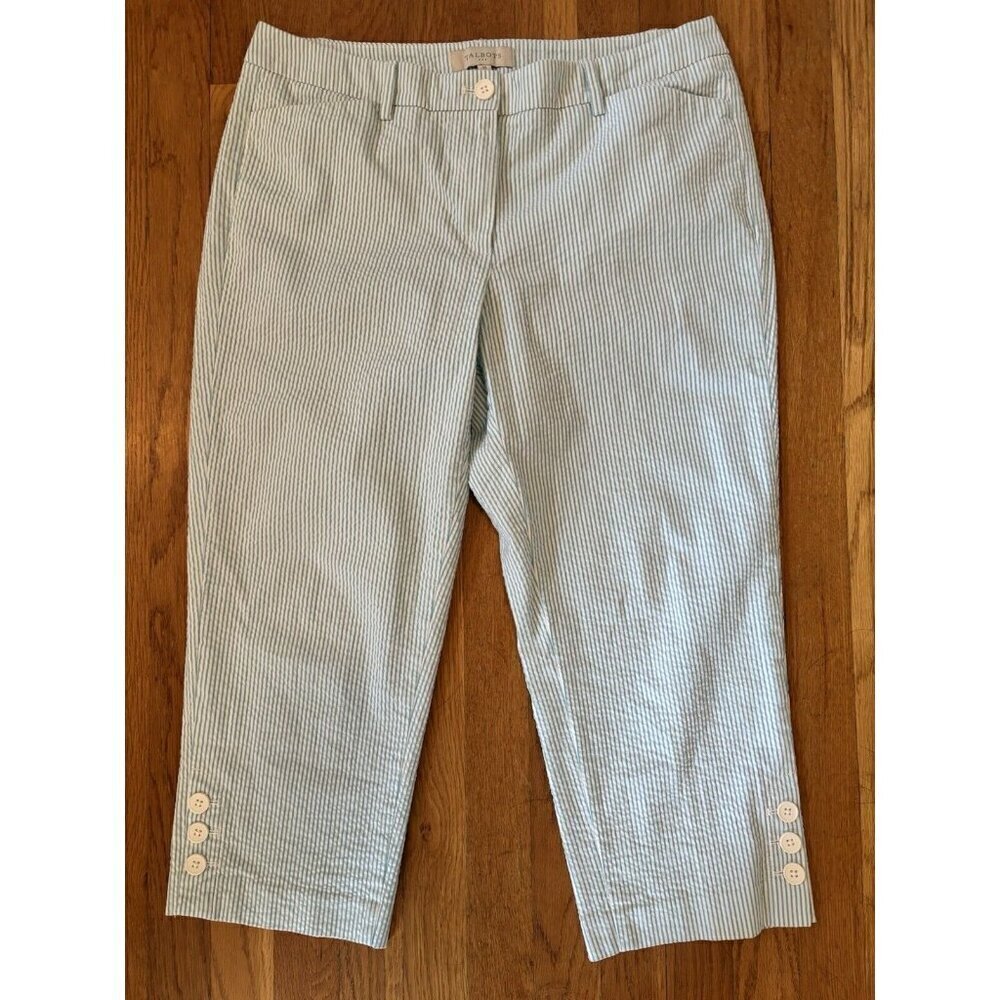 Talbots Womens Size 10 Green White Stripe Capri Pants Seersucker